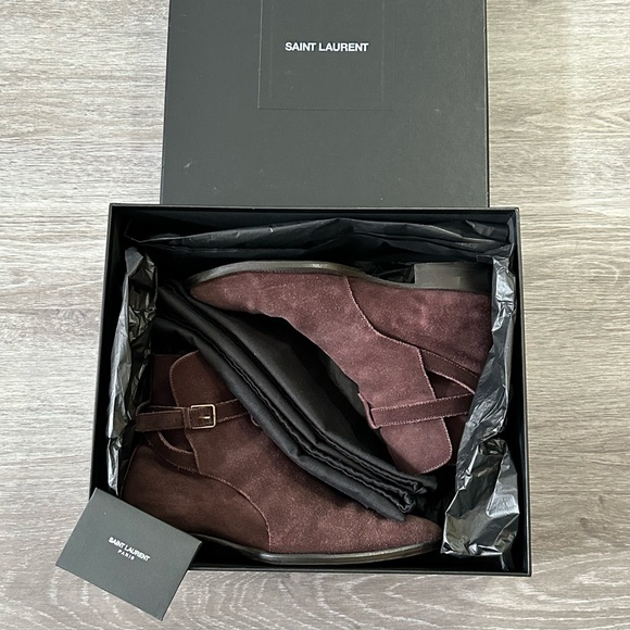 SAINT LAURENT WYATT JODHPUR DEEP BLOOD SUEDE BOOTS - Picture 8 of 12